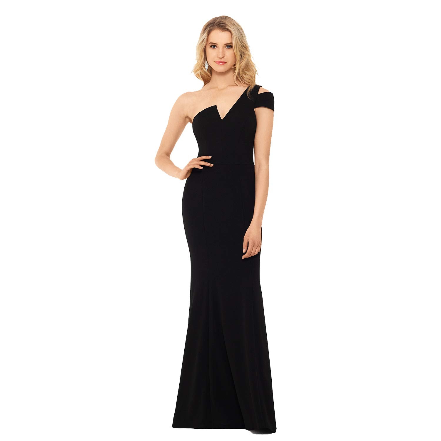 Betsy & Adam Long Slim One Shoulder Dress - Cold Shoulder Evening Gown - Form Fitting Formal Dress with Asymmetrical V Neck (8) Black