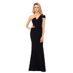 Betsy & Adam Long Slim One Shoulder Dress - Cold Shoulder Evening Gown - Form Fitting Formal Dress with Asymmetrical V Neck (8) Black
