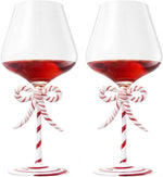 Khen Christmas Candy Cane Bow Wine Glasses - Set of 2