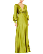 V-Neck Bishop Sleeve Charmeuse Gown by Mac Duggal