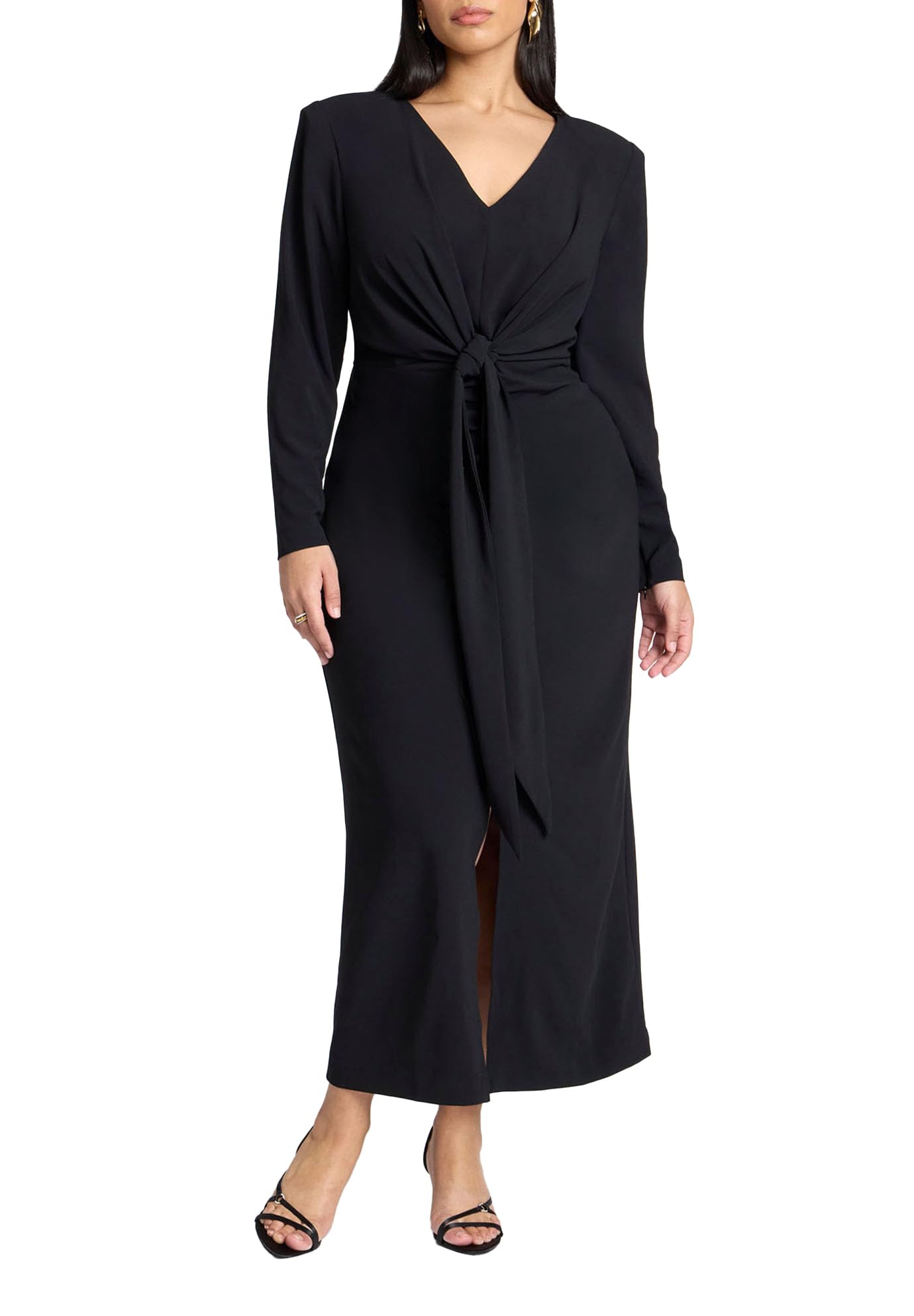 ELOQUII Women's Plus Size Shirred Strong Shoulder Tie Detail Dress - 14, Black Onyx