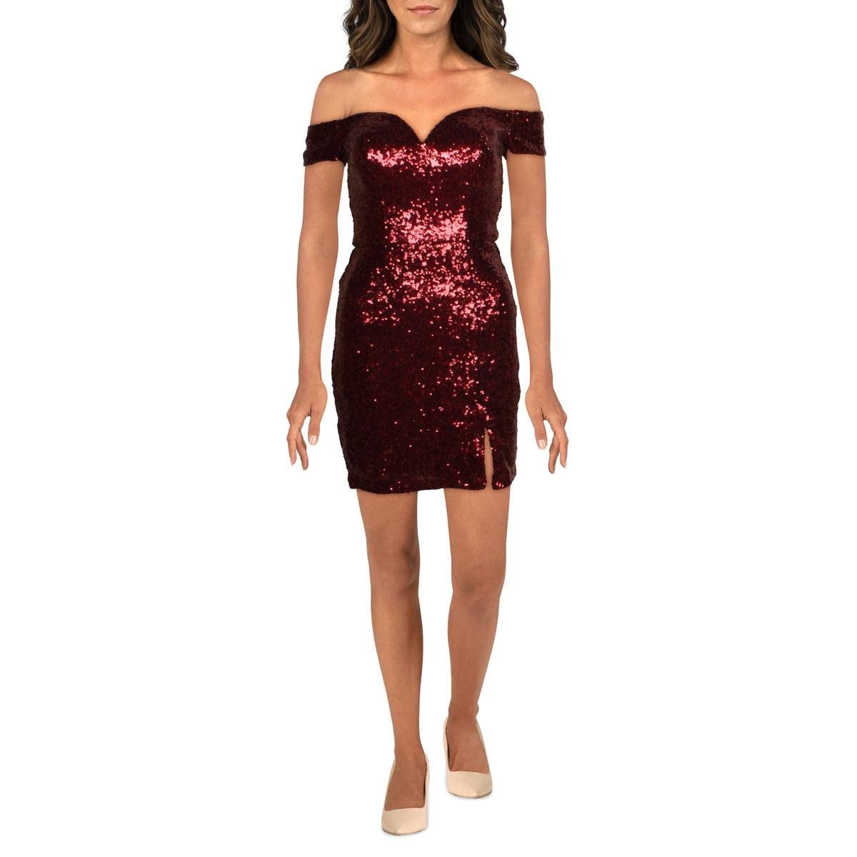 B. Darlin Womens Juniors Sequined Mini Party Dress Red 3/4