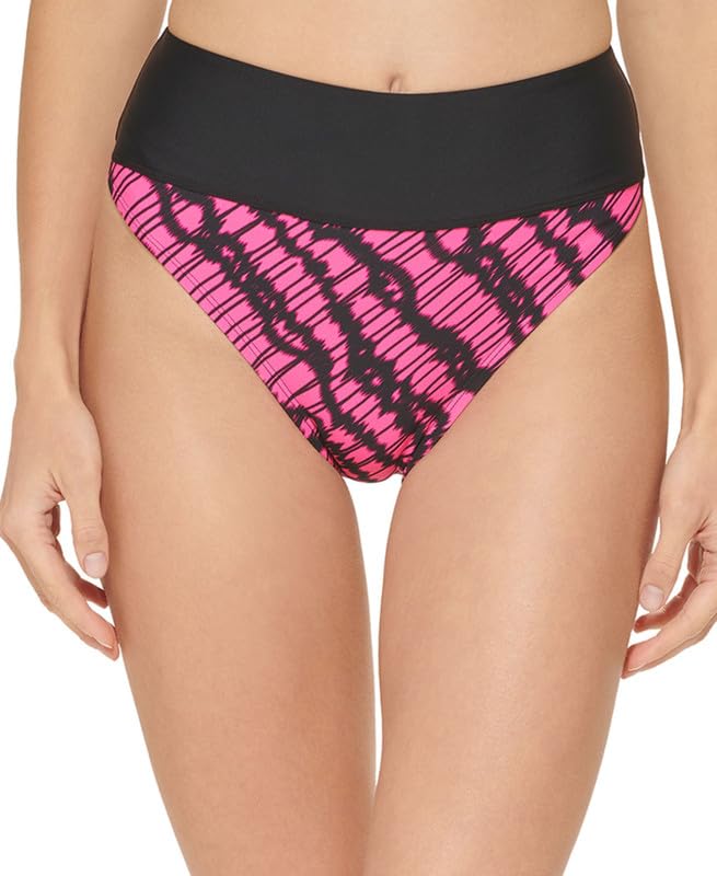 DKNY Women's Printed High-Waist Bikini Bottoms (Black/Pink Multi, Large)