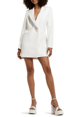 River Island Diamante Fringe Trim Double Breasted Dress in White, Size 10