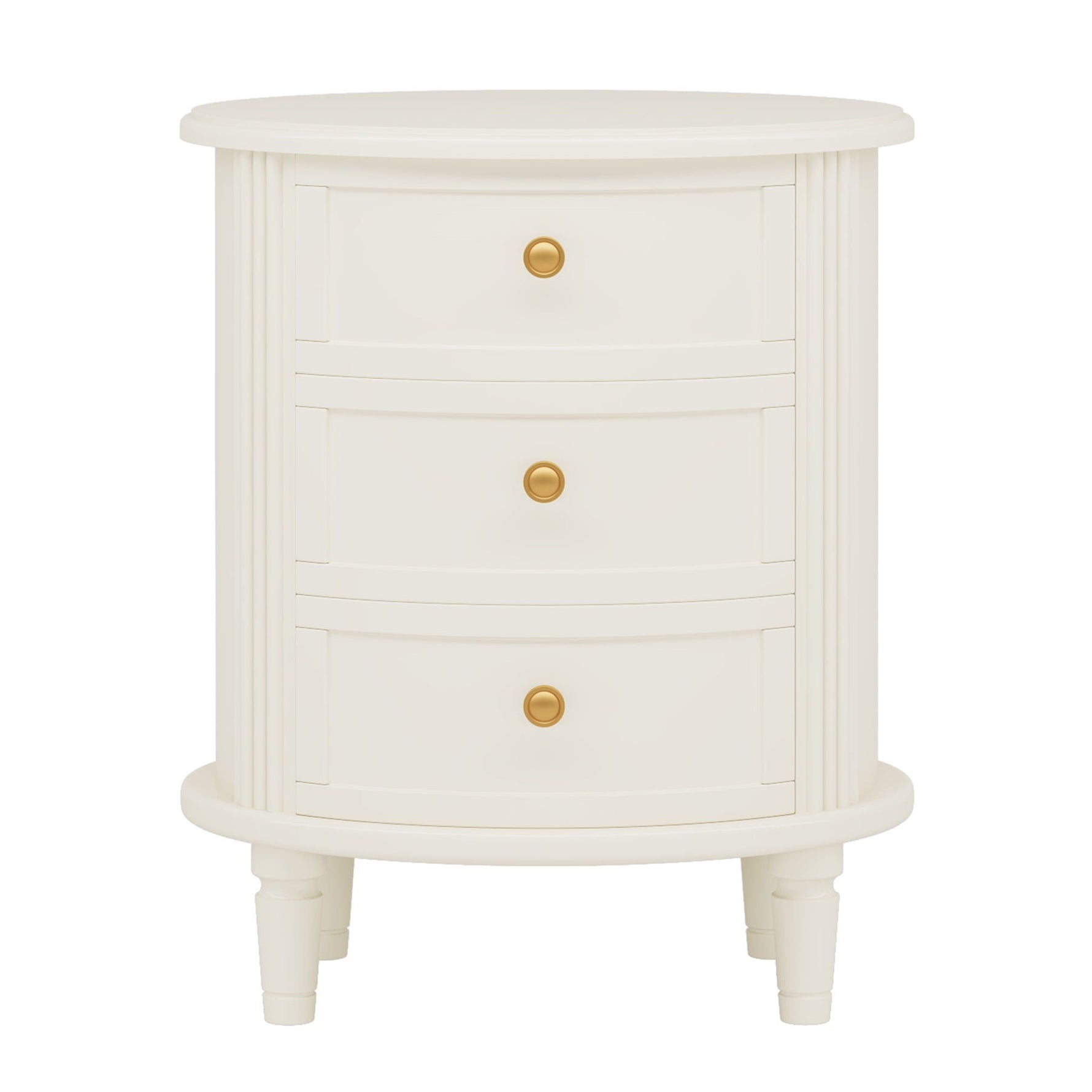 Oval Nightstand With 3 Drawers, Bedside Table - White