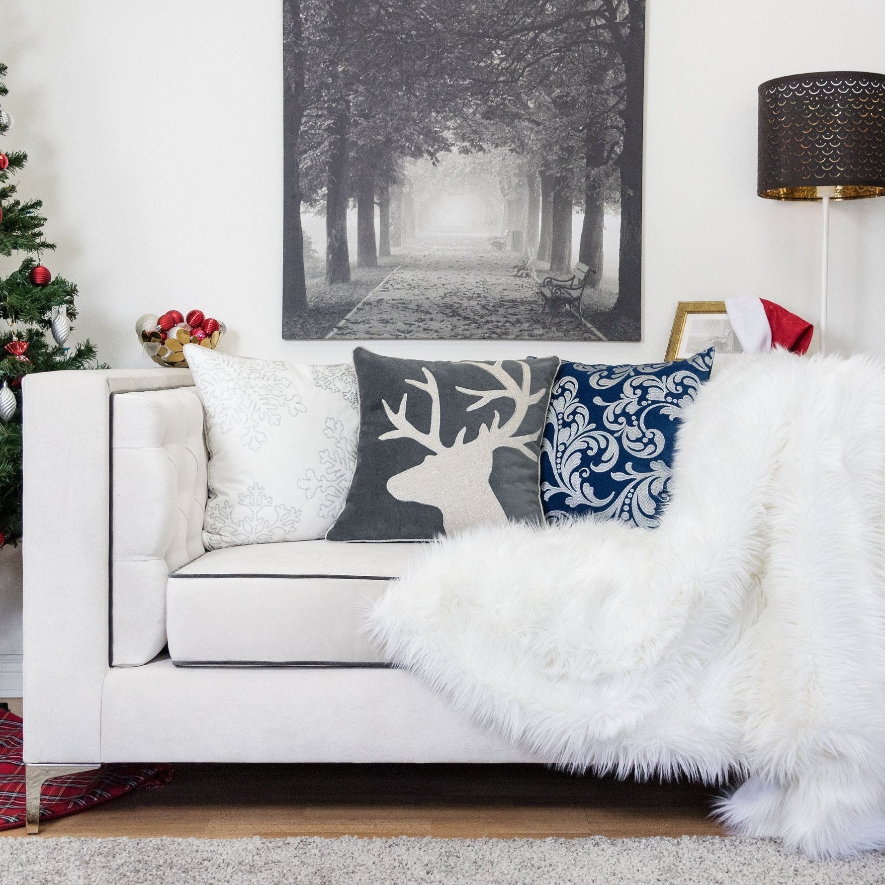 Holiday Reindeer Velvet Accent Pillow 20x20 – Gray and White