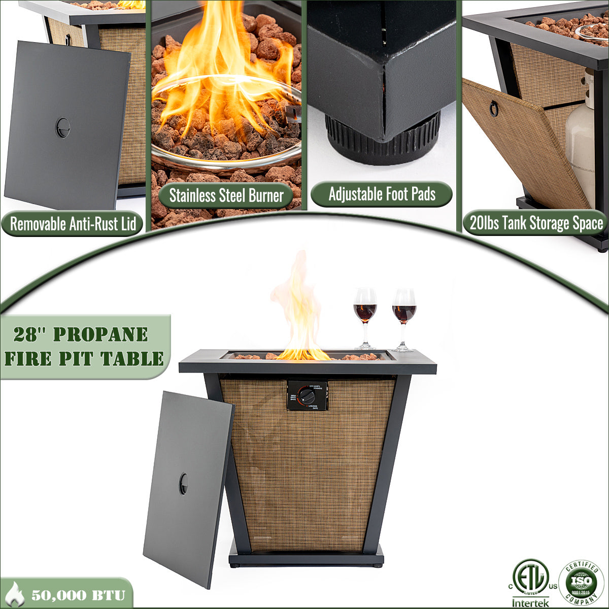 28" Propane Gas Fire Pit Table - 50000 BTU Square Steel Fire Pit