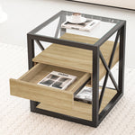 1 Piece Modern End Table with Drawer - Natural Wood & Tempered Glass