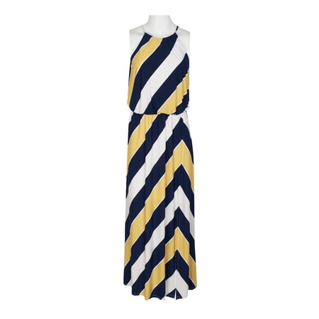 London Times Halter Neck Blouson Slit Front Keyhole Back Matte Jersey Dress-WHITE YELLOW