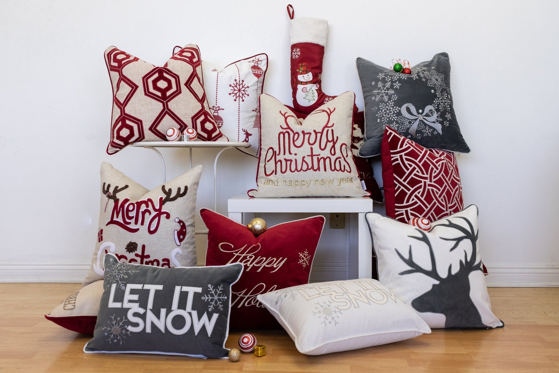 Let It Snow Embroidered Cotton Throw Pillow – 20x20 Gray Winter Accent Cushion