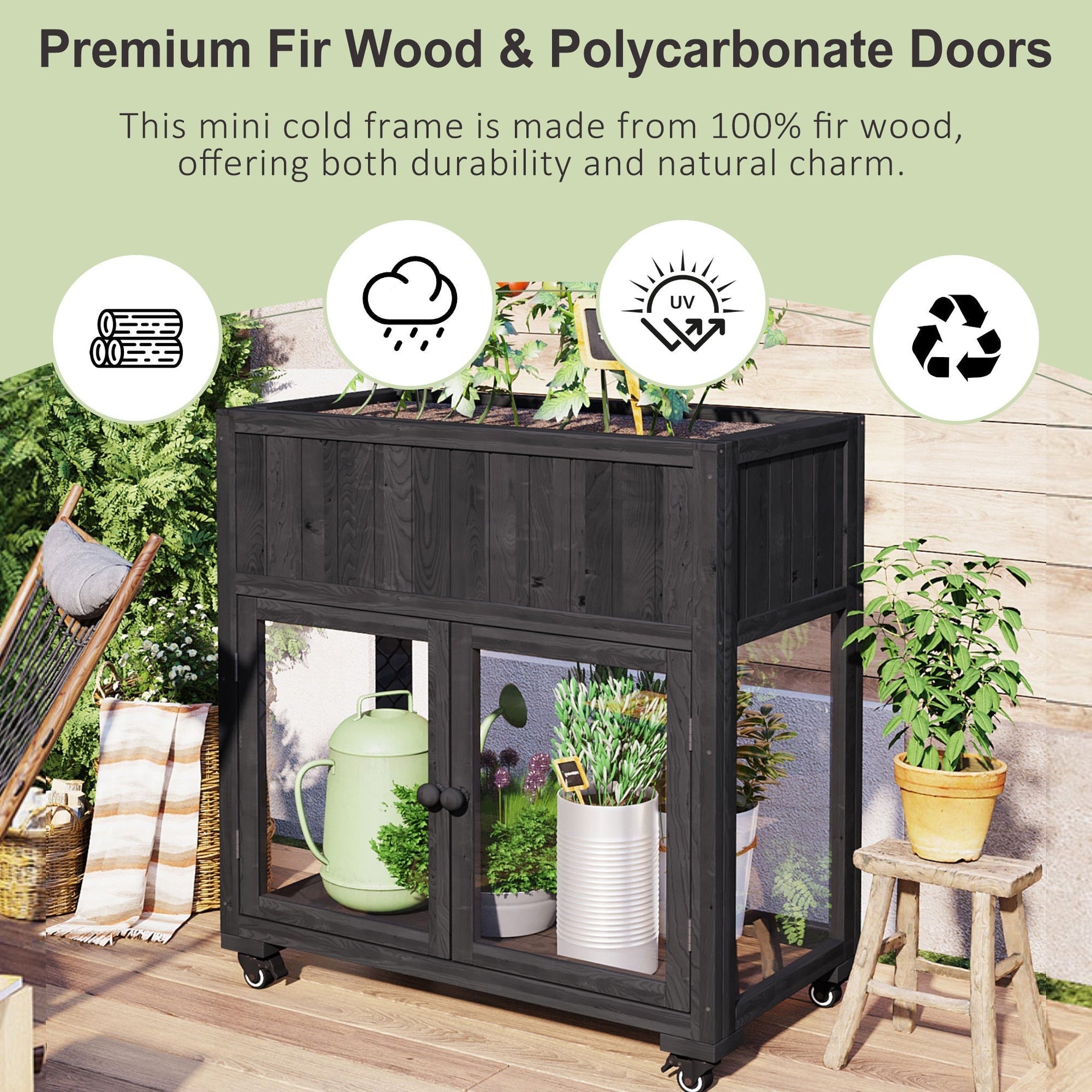 TOPMAX Patio Mini Wood Cold Frame Greenhouse with Wheels