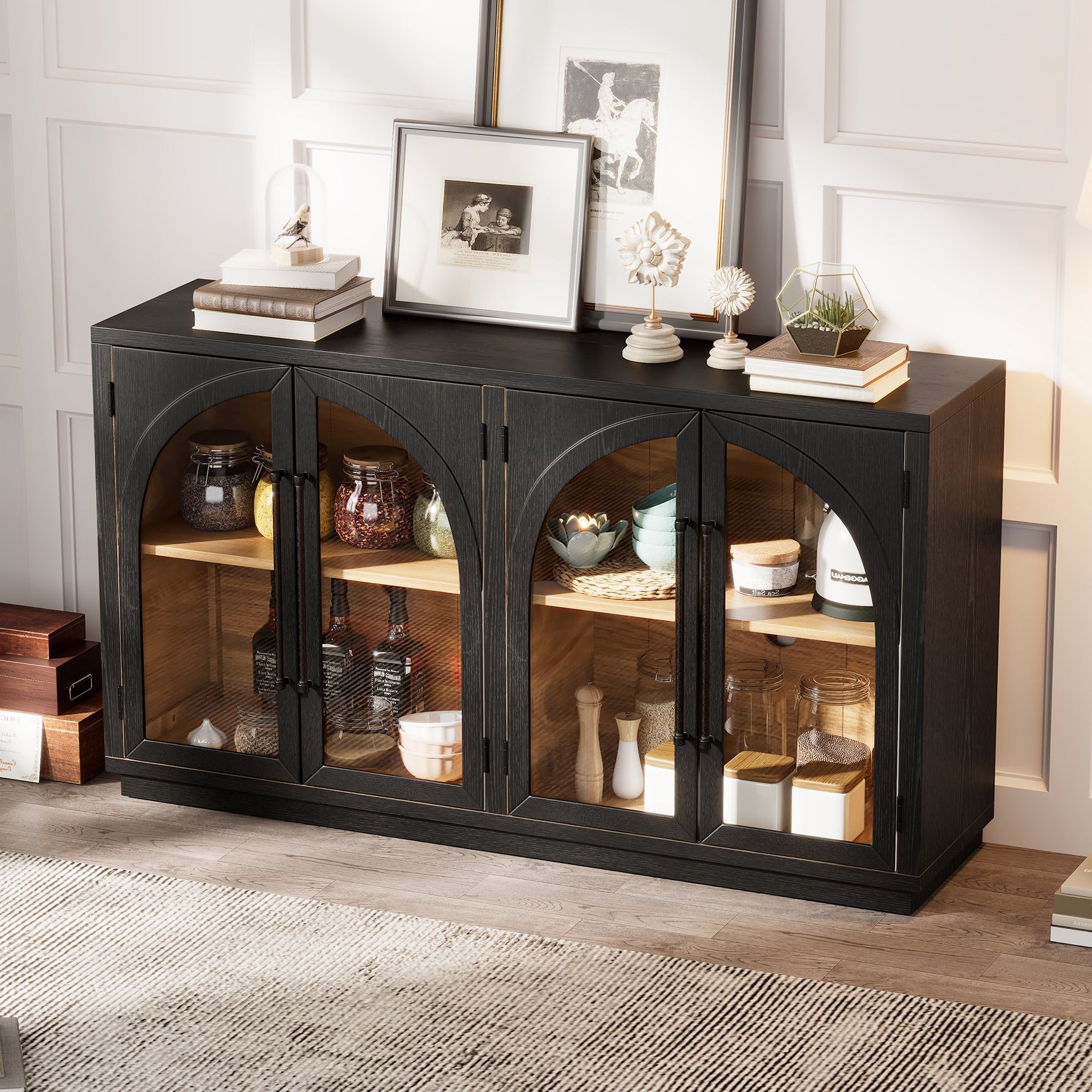 4-Door Large Storage Sideboard Buffet Cabinet with Glass Doors Arched Cabinet (Black)