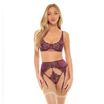 Donna Lace Trim Satin Underwire Bra Thong & Garter Belt Set