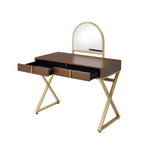 Coleen Walnut & Gold Finish Vanity Desk with Mirror & Jewelry Tray