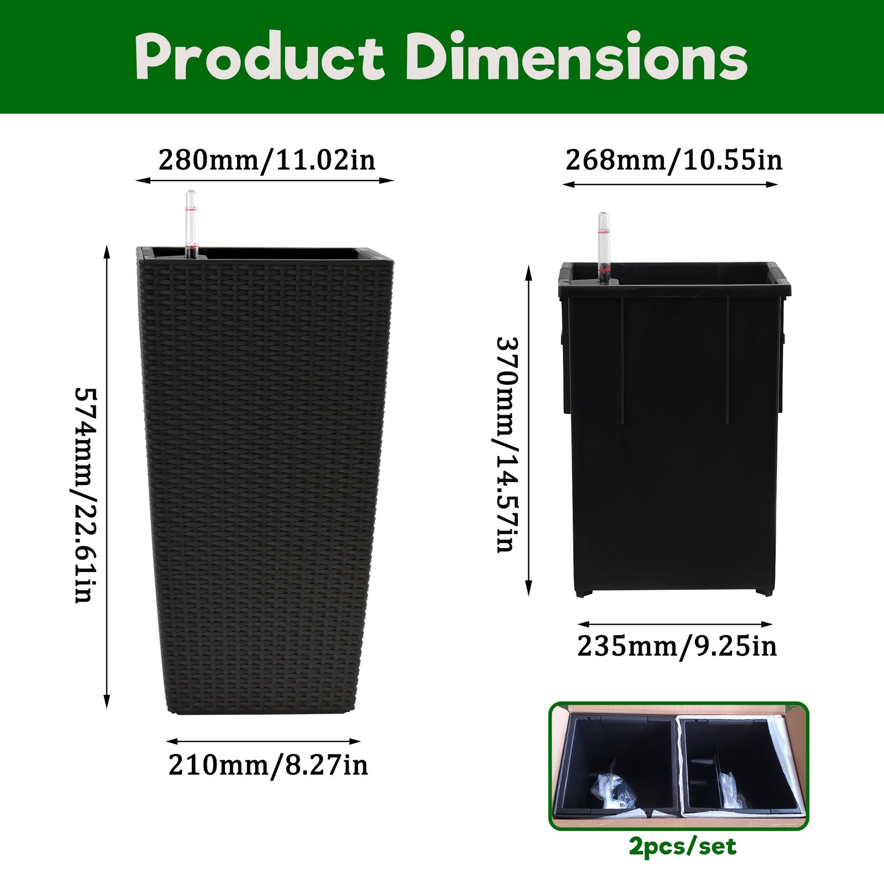 Pack of 2 Square Planters with Automatic Watering System
