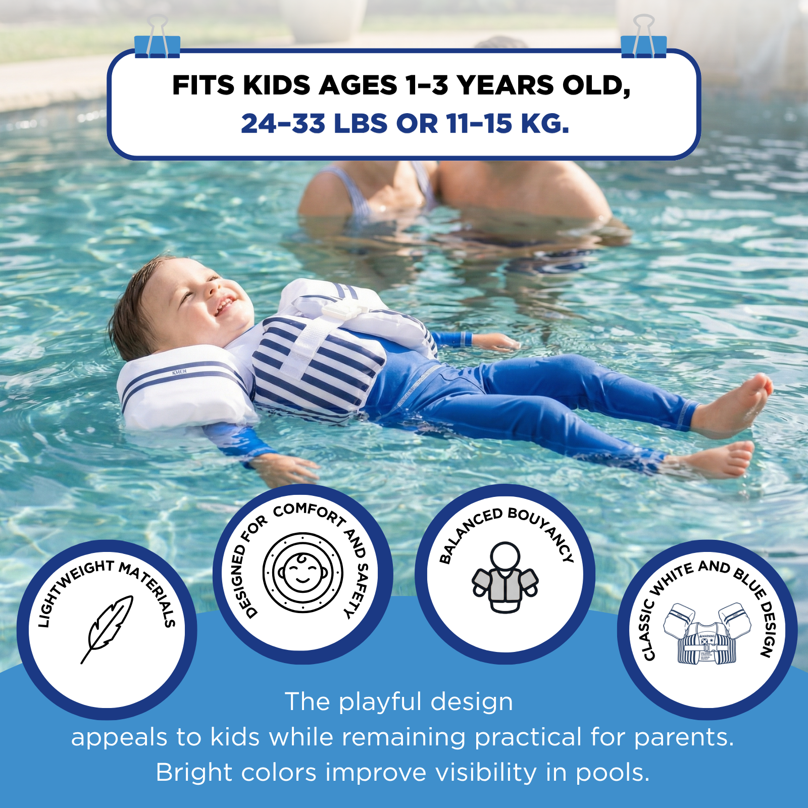 Floating Jackets with Sleeves for Bool or Beach | 1-3 Years | White & Blue