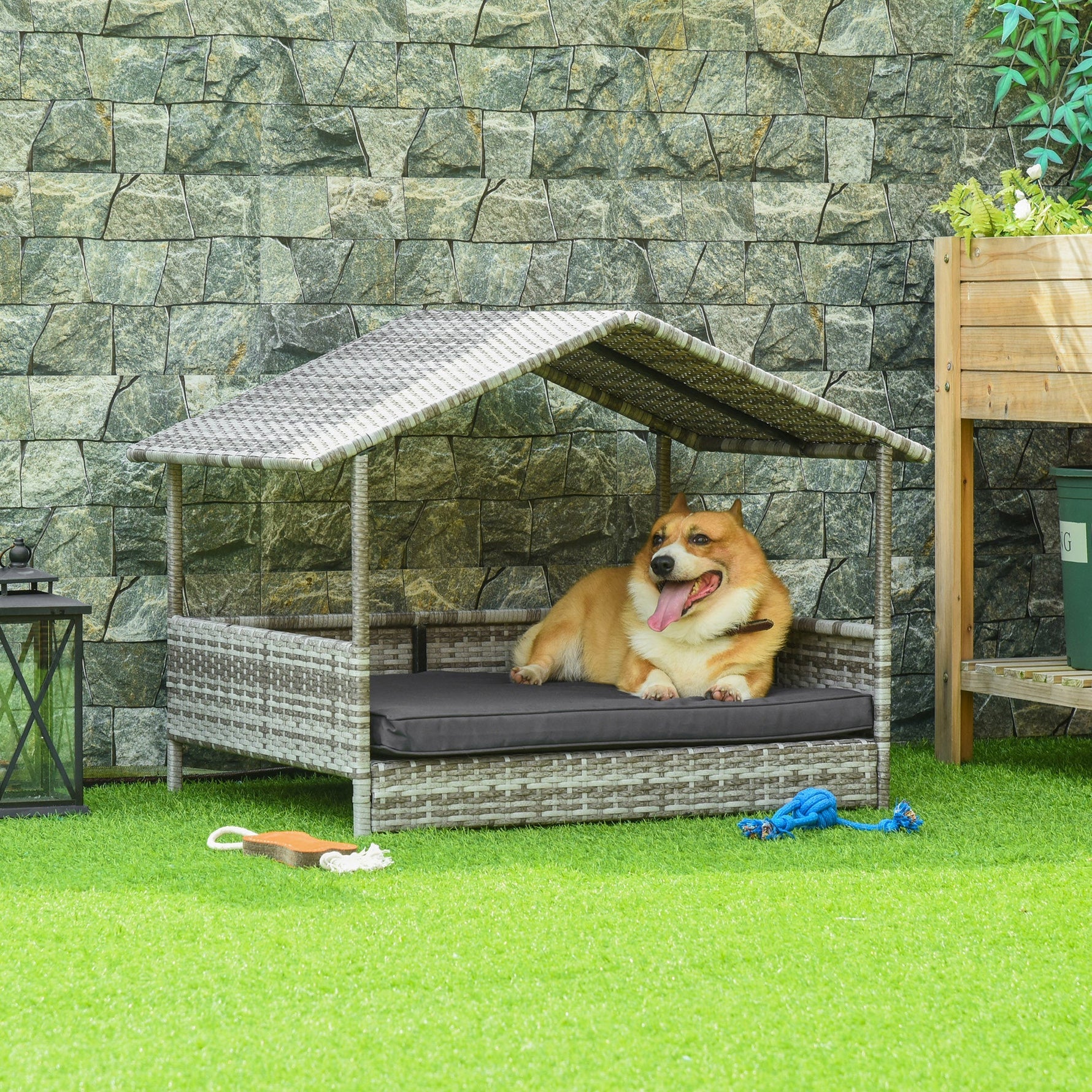 Wicker Dog House Outdoor with Canopy and Water-Resistant Cushion