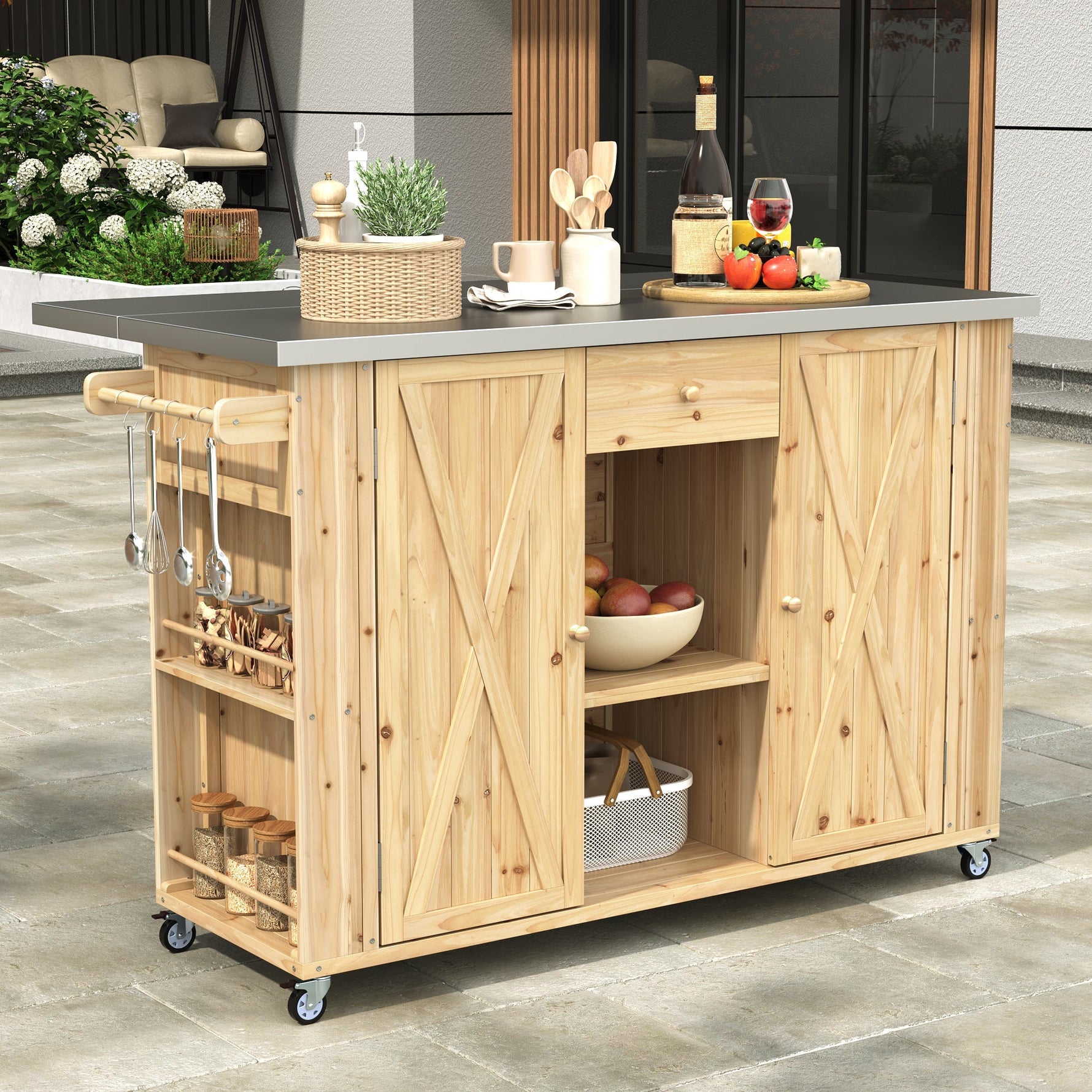 Outdoor Kitchen Island Fir Wood Kitchen Island with Stainless Steel Top