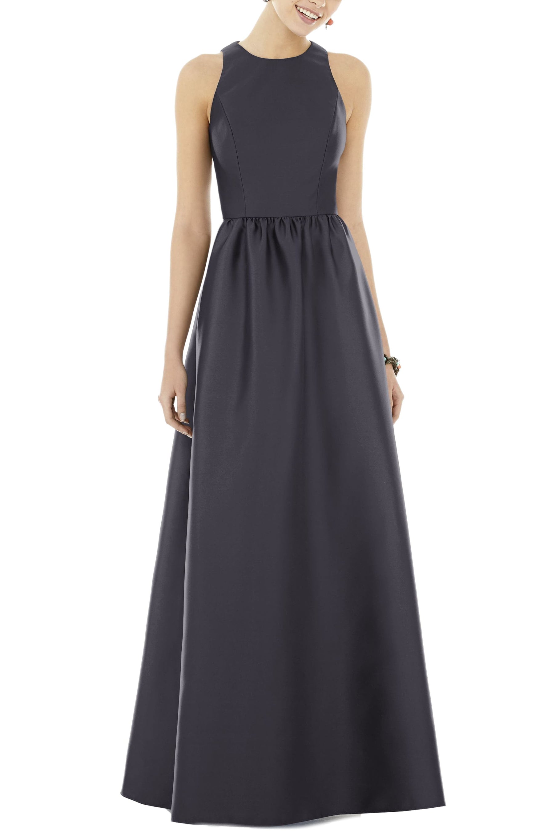 Alfred Sung Satin A-Line Gown in Onyx, Size 14