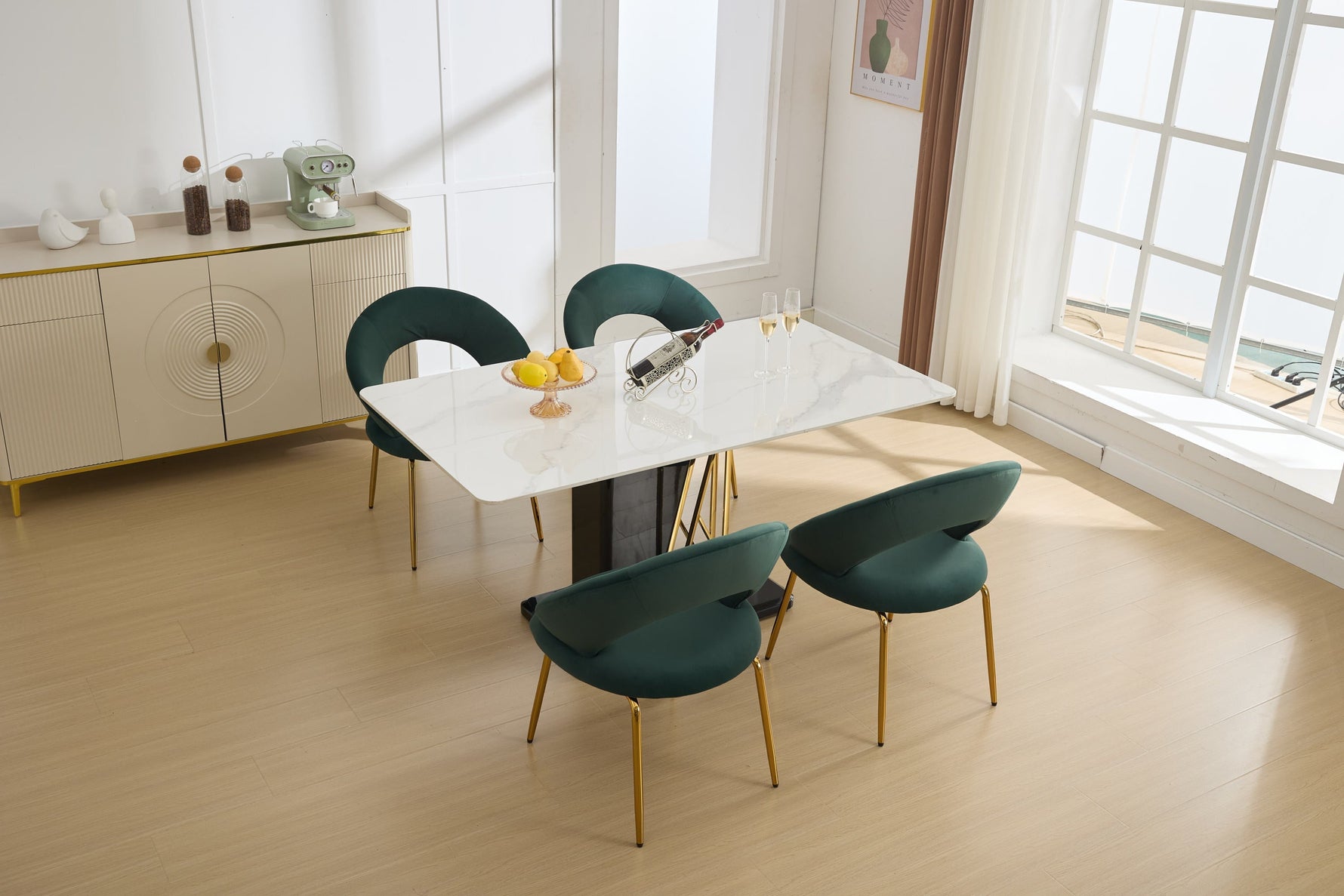 Velvet Fabric Dining Chair with Curved Backrest and Golden Metal Legs