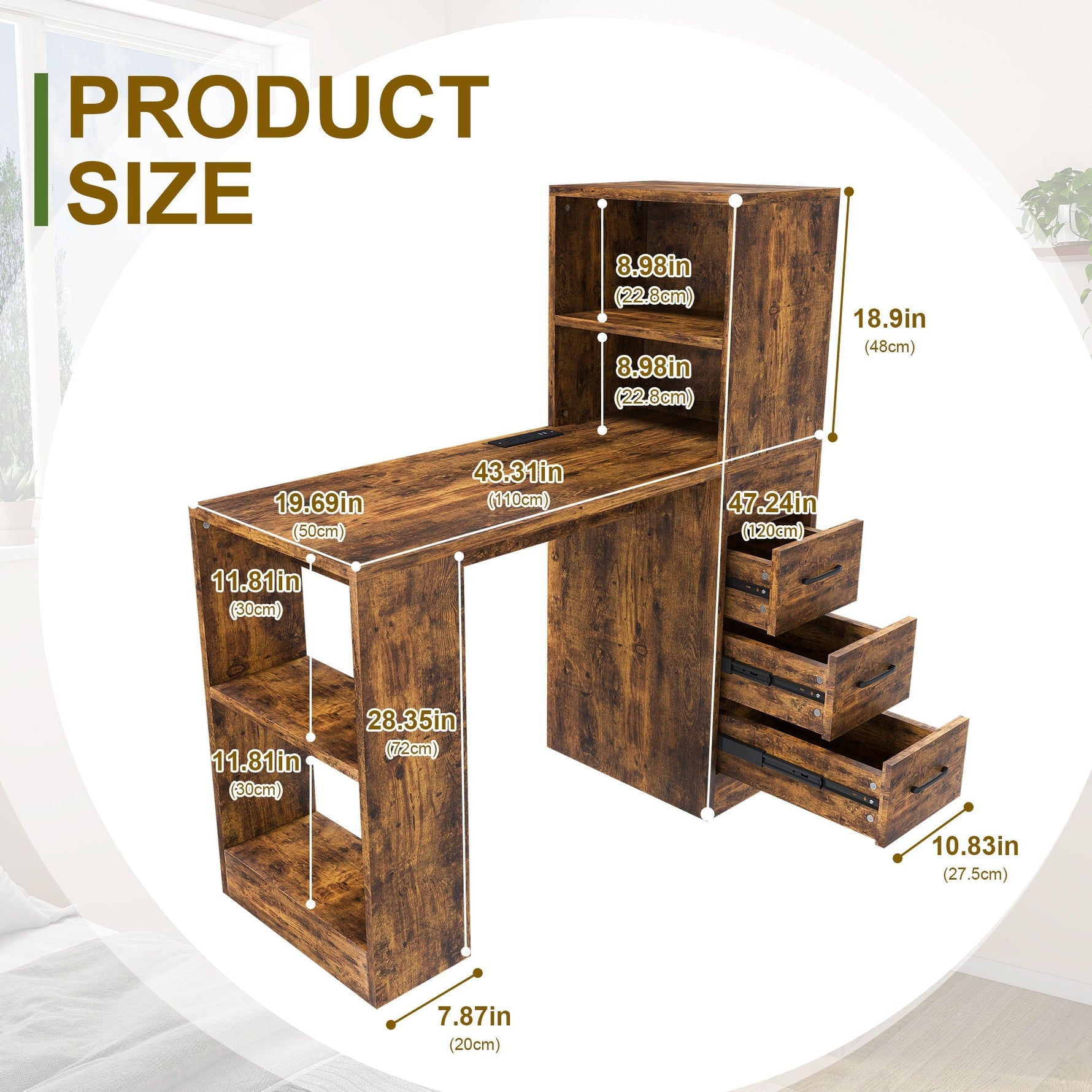 Computer Desk With 4 In 1 Socket & 3 Drawers, 4 Tier Shelves