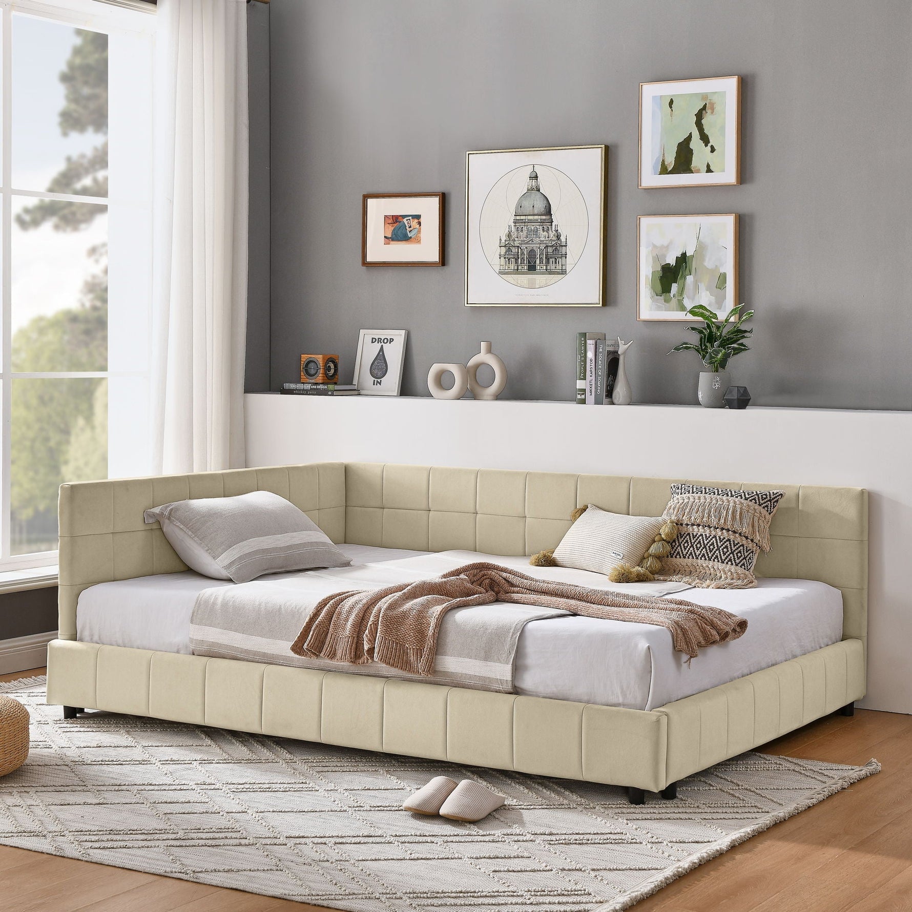 Mid-Century Storage Upholstered Tufted Bed Frame with Backrest and Armrests