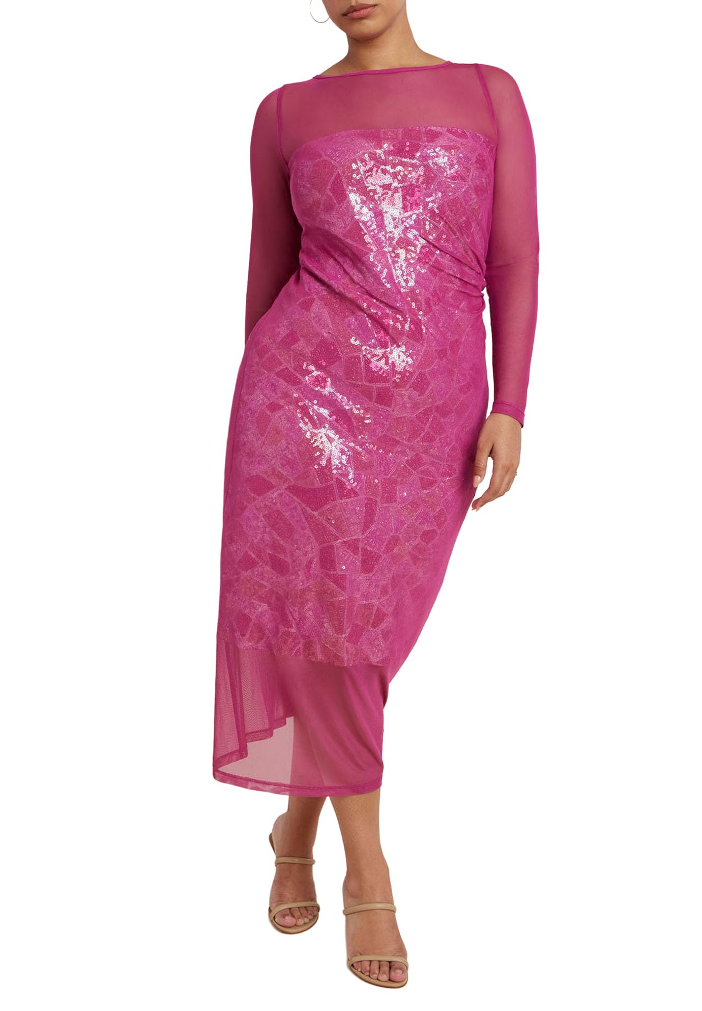 ELOQUII Women's Plus Size Sequin Dress with Sheer Layer - 18, Raspberry Melange