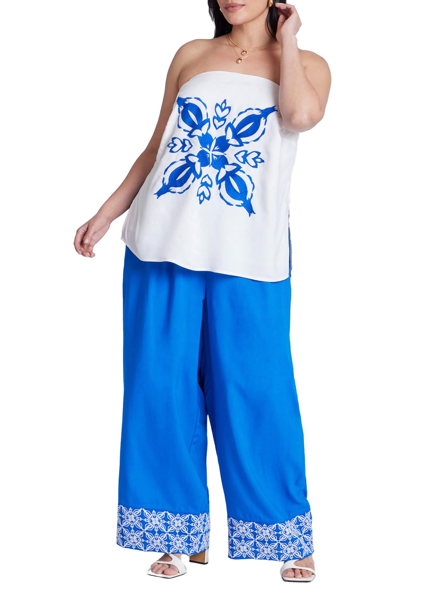 ELOQUII Women's Plus Size Embroidered Hem Pull On Pant - 28, Nautical Blue