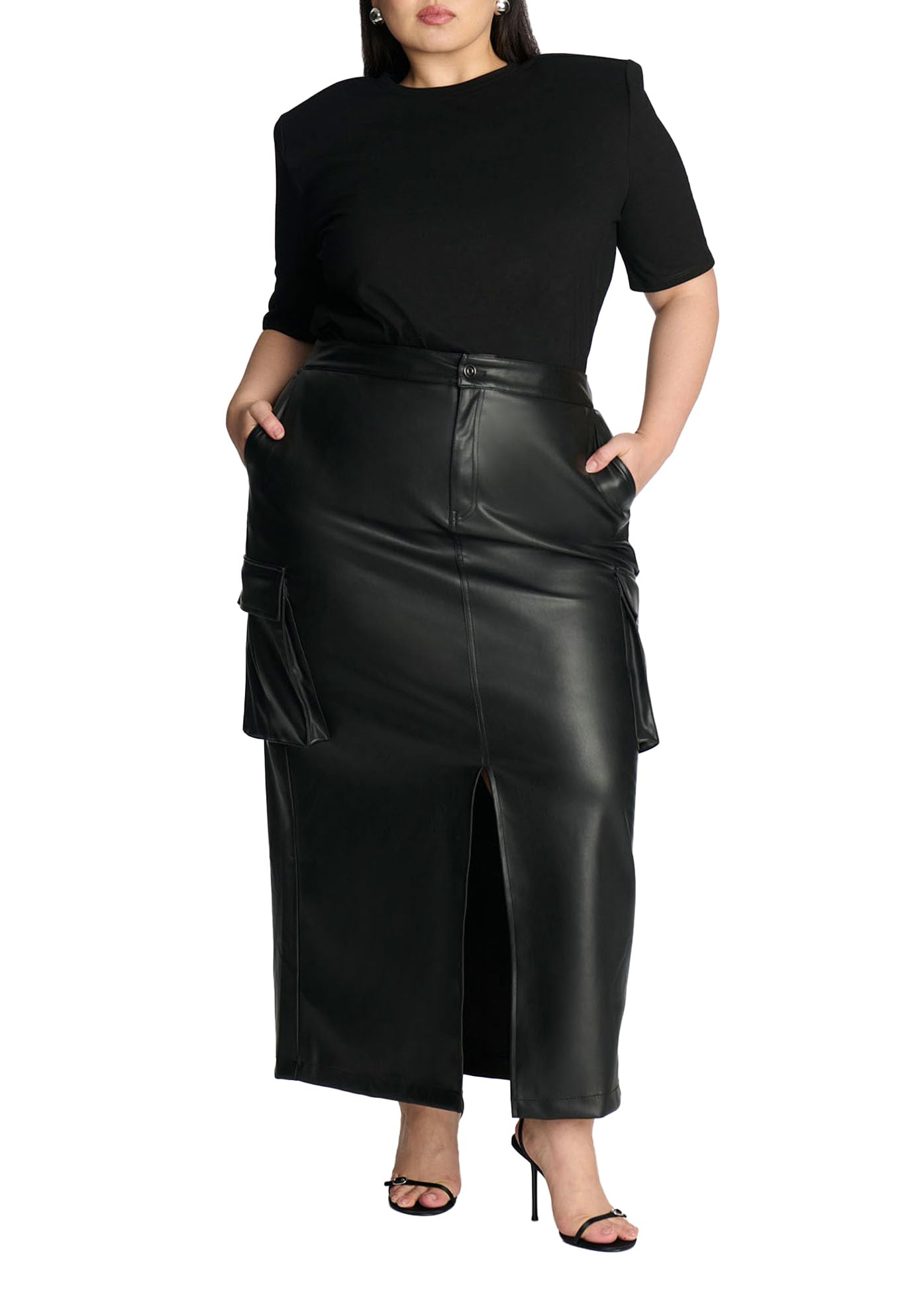 ELOQUII Women's Plus Size Maxi Cargo Faux Leather Skirt - 16, Black Onyx
