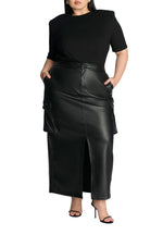 ELOQUII Women's Plus Size Maxi Cargo Faux Leather Skirt - 16, Black Onyx