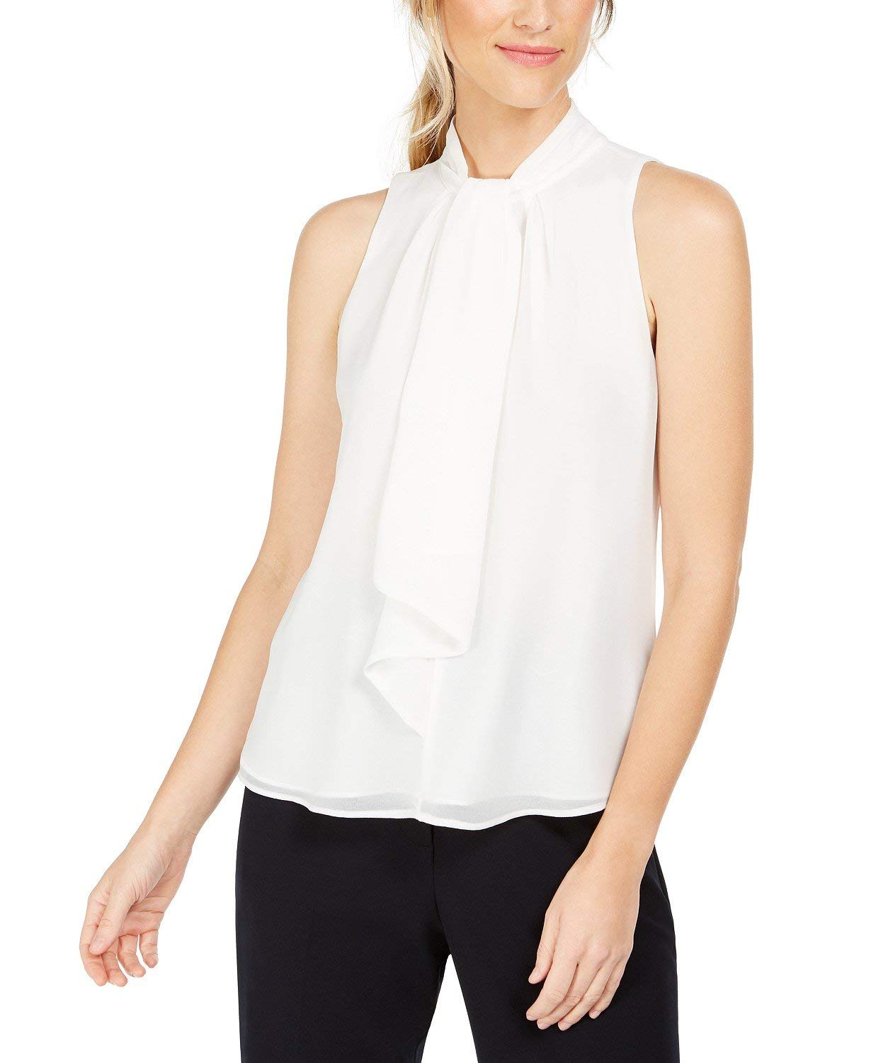 Calvin Klein Womens Petites Ruffled Sleeveless Blouse Ivory PS