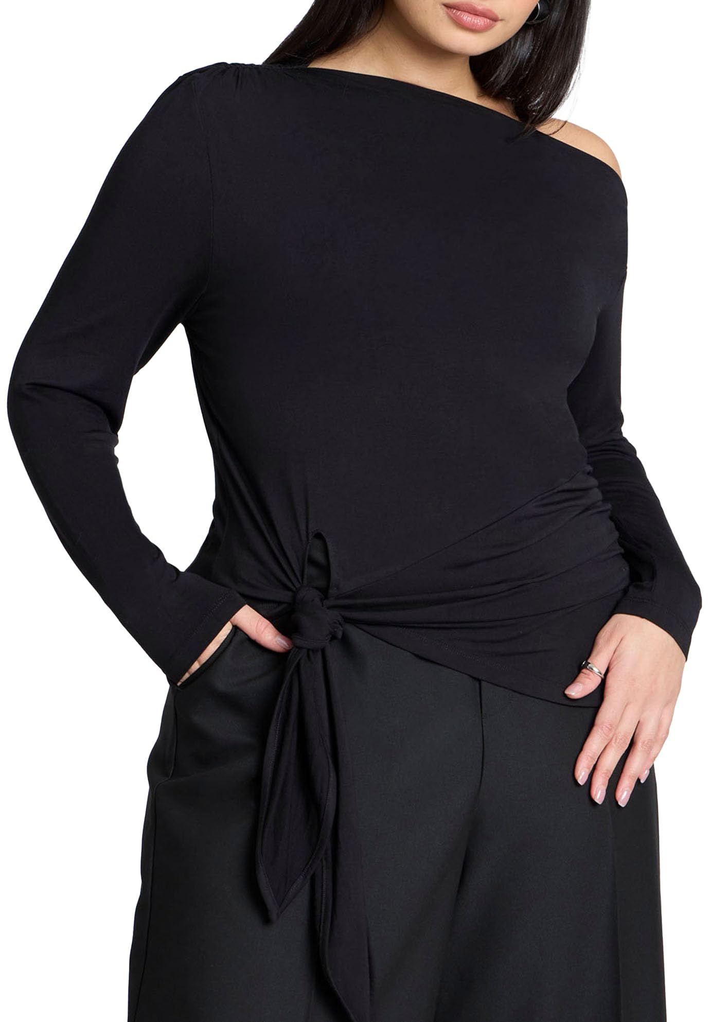 ELOQUII Women's Plus Size Asym Top with Tie - 22/24, Black Onyx