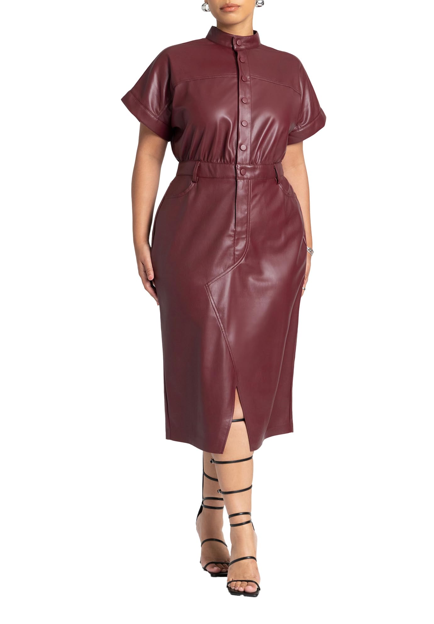 ELOQUII Women's Plus Size Faux Leather Midi Dress - 16, Tawny Port