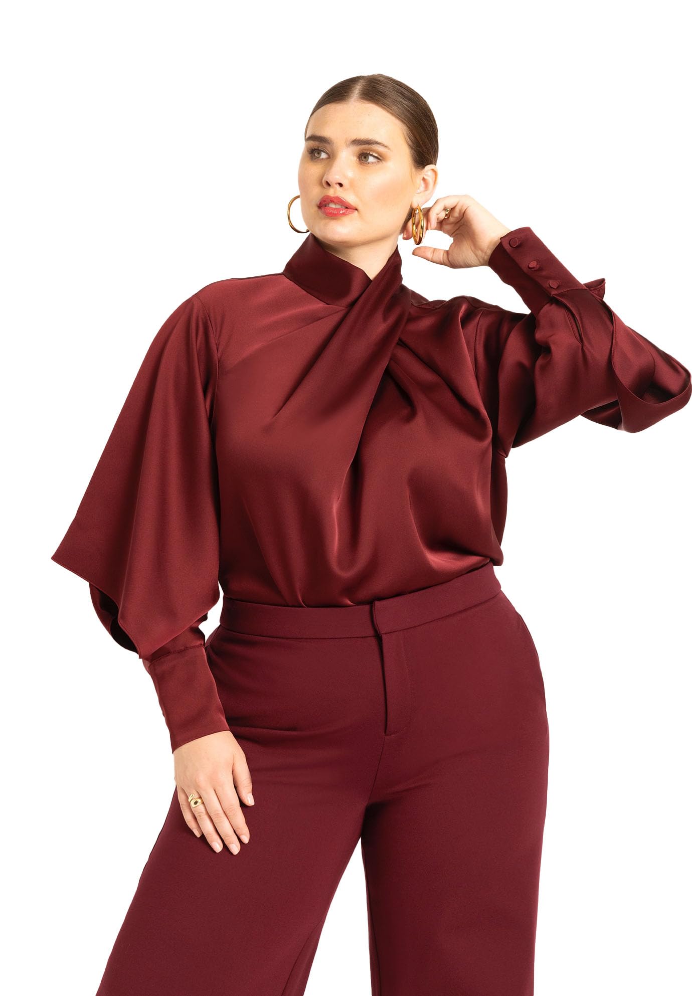 ELOQUII Women's Plus Size Draped Neck Satin Blouse - 24, Zinfandel
