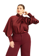 ELOQUII Women's Plus Size Draped Neck Satin Blouse - 24, Zinfandel