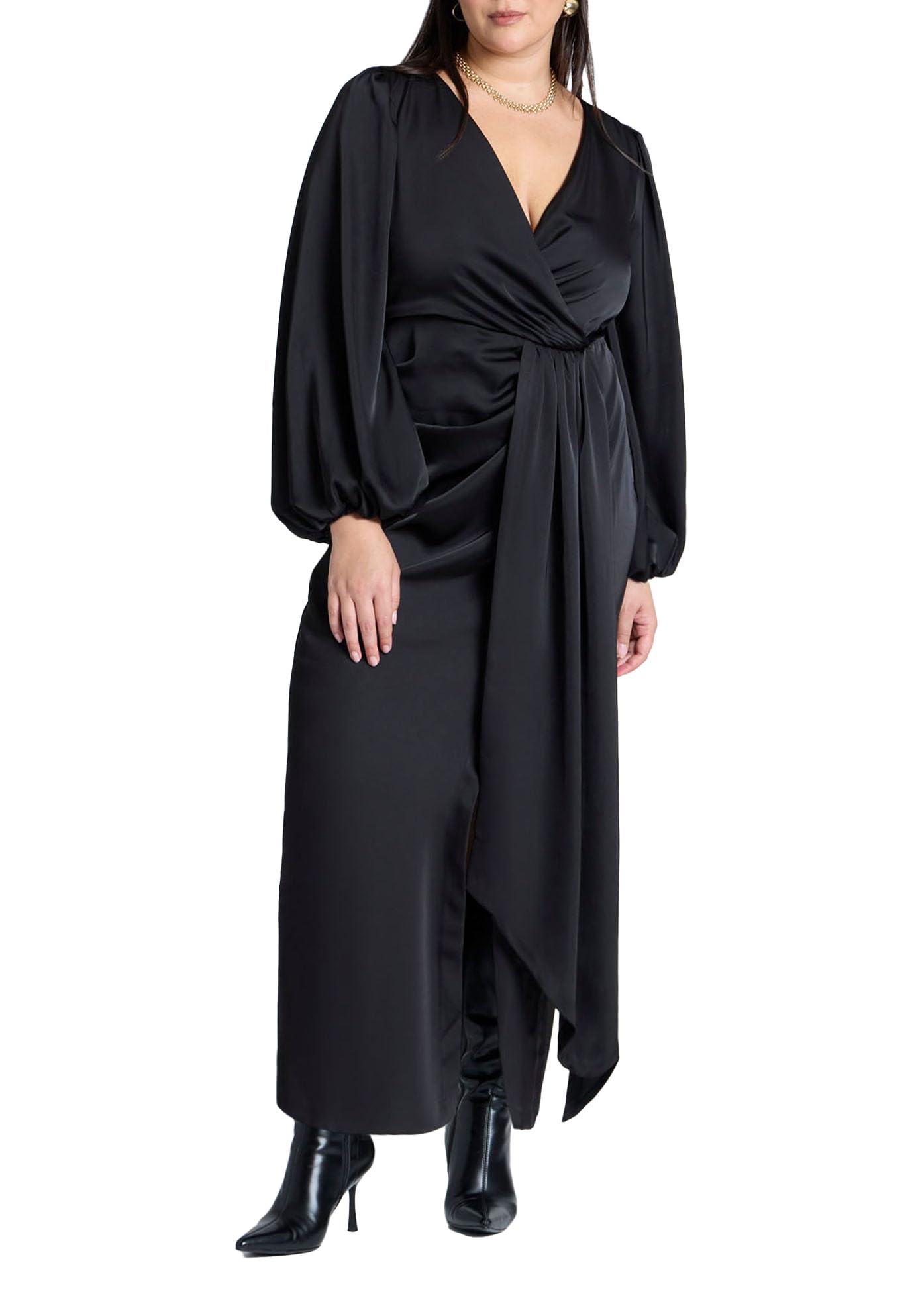 ELOQUII Women's Plus Size Pleated Satin -Sleeve Maxi Dress - 16, Black Onyx