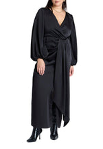 ELOQUII Women's Plus Size Pleated Satin -Sleeve Maxi Dress - 20, Black Onyx