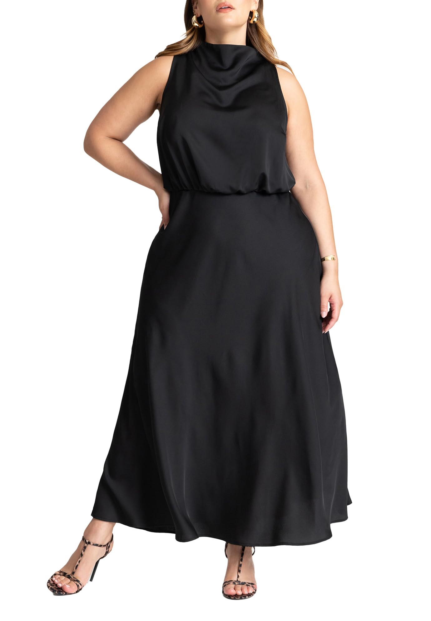 ELOQUII Women's Plus Size Draped Satin Maxi Dress - 28, Black Onyx