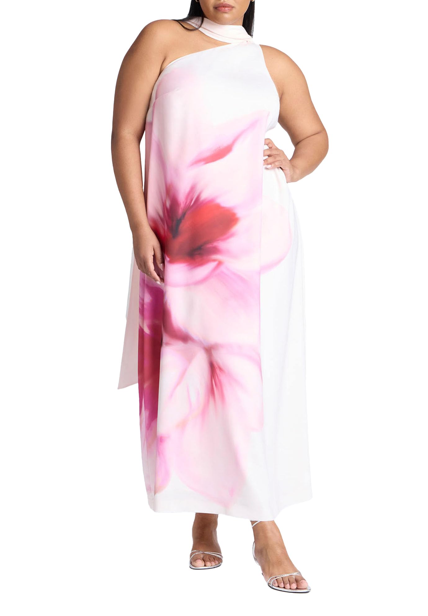 ELOQUII Women's Plus Size One Shoulder Floral Cape Dress - 16, Pink Peony