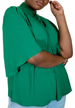 ELOQUII Women's Plus Size Bow Blouse with Flutter Sleeve - 26, Green Lake