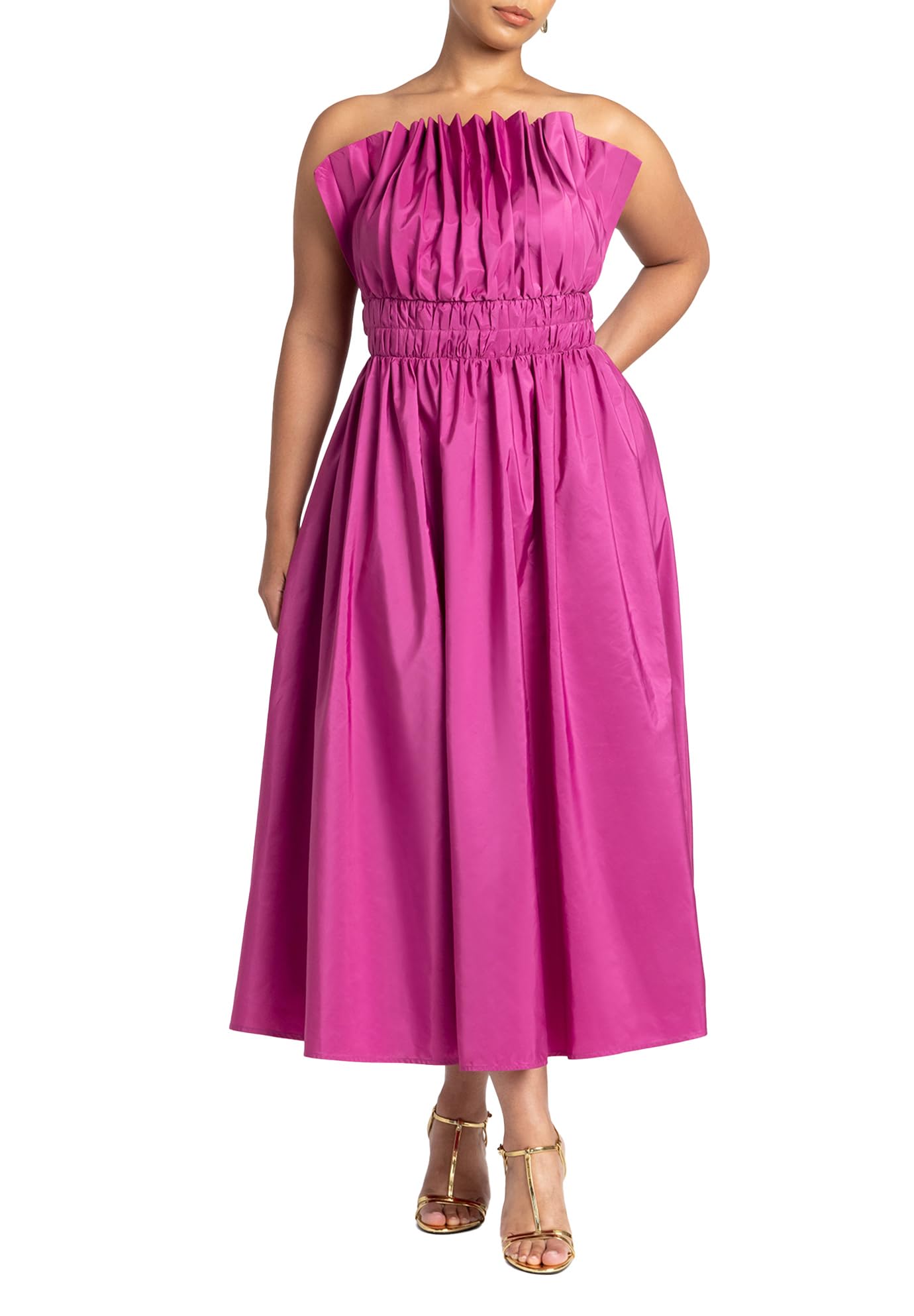 ELOQUII Women's Plus Size Pleated Ruffle Neckline Midi Dress - 16, Vivid Viola