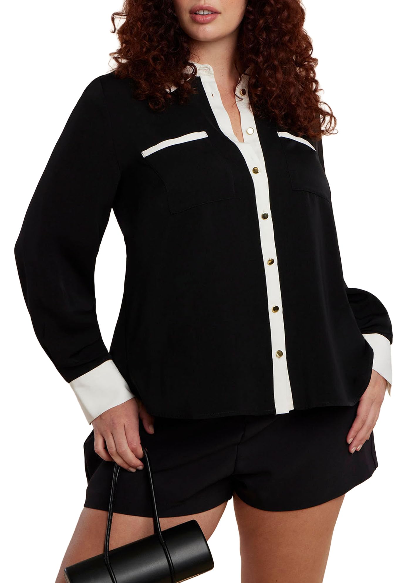 ELOQUII Women's Plus Size Combo Collared Long Sleeve Shirt - 28, Black and Cream