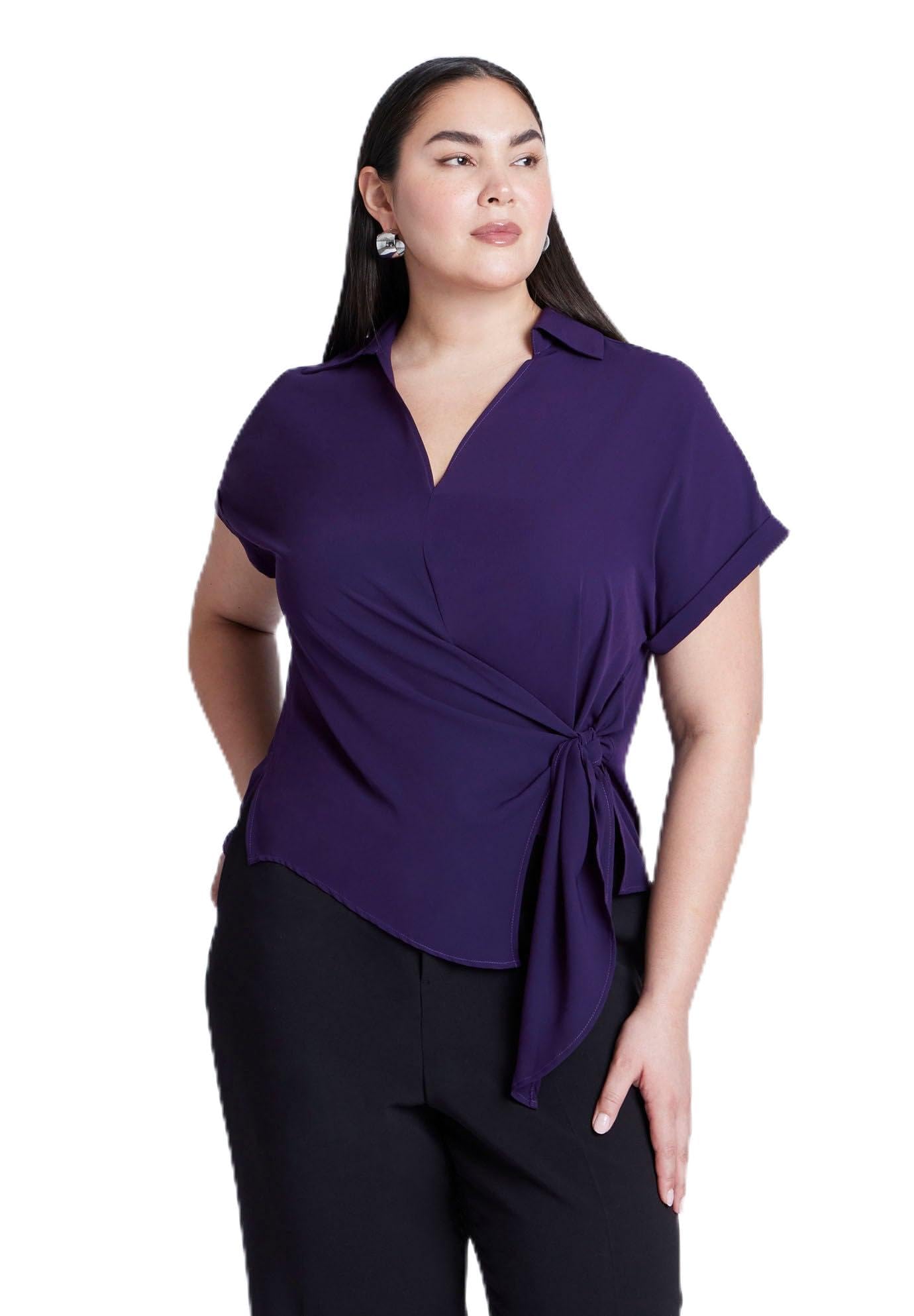 ELOQUII Women's Plus Size Short Sleeve Collared Top with Waist Tie - 20, Plum Purple