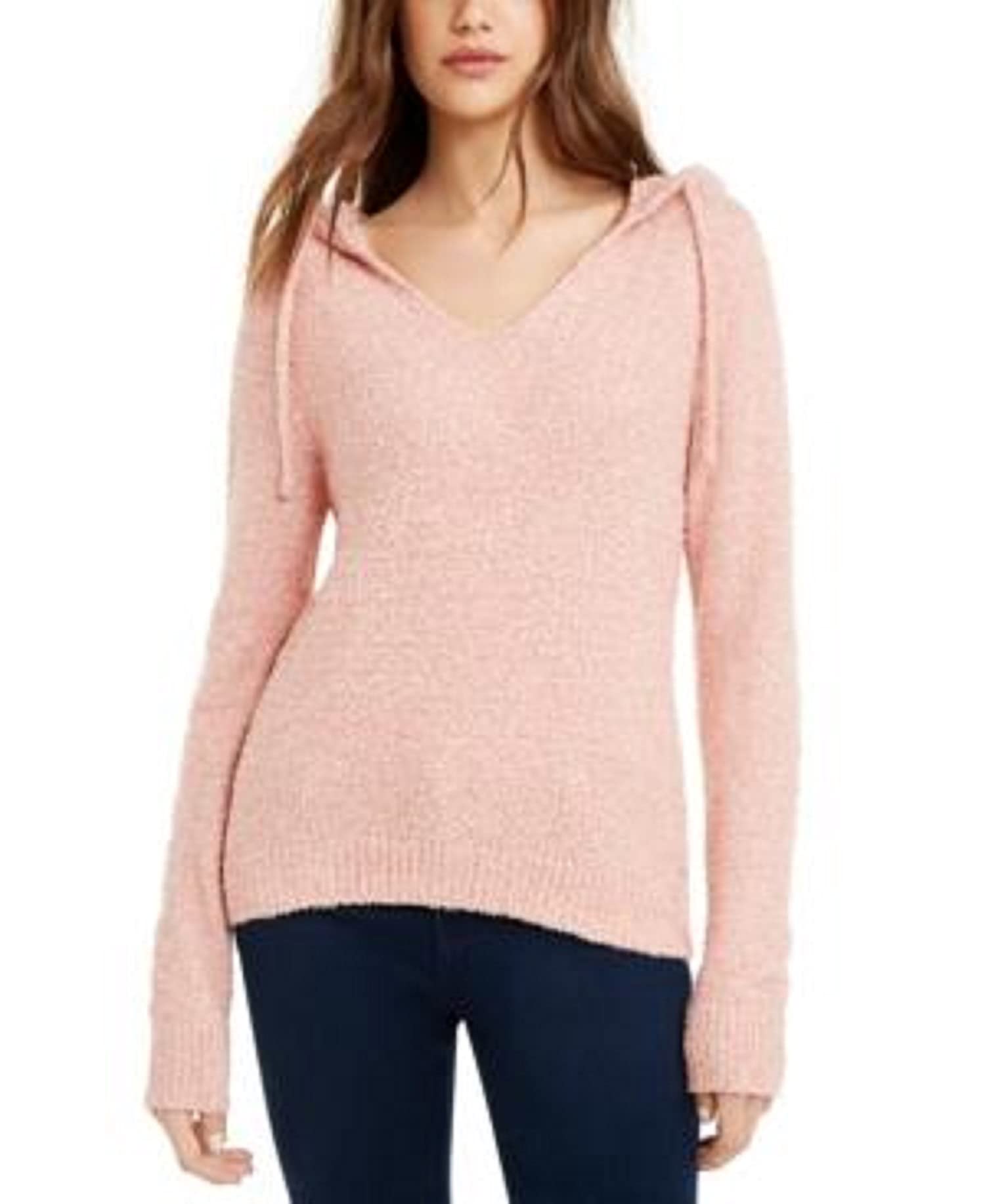 CRAVE FAME Juniors' Marled Fuzzy Pullover Hoodie, Blush, Small