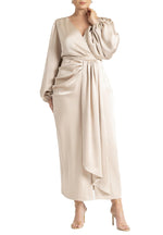 ELOQUII Women's Plus Size Pleated Satin -Sleeve Maxi Dress - 14, Light Tan