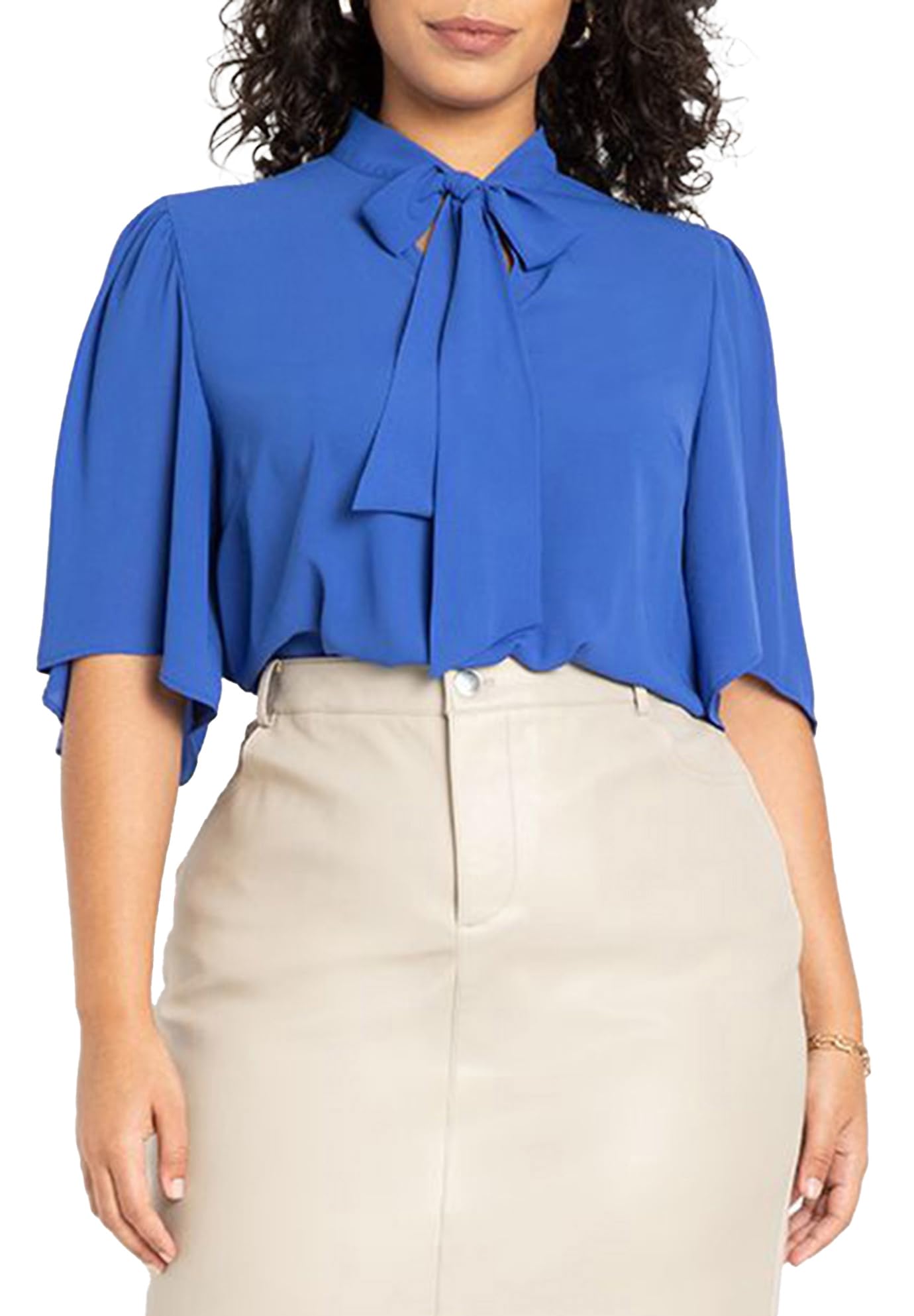 ELOQUII Women's Plus Size Bow Blouse with Flutter Sleeve - 28, Cobalt Blue