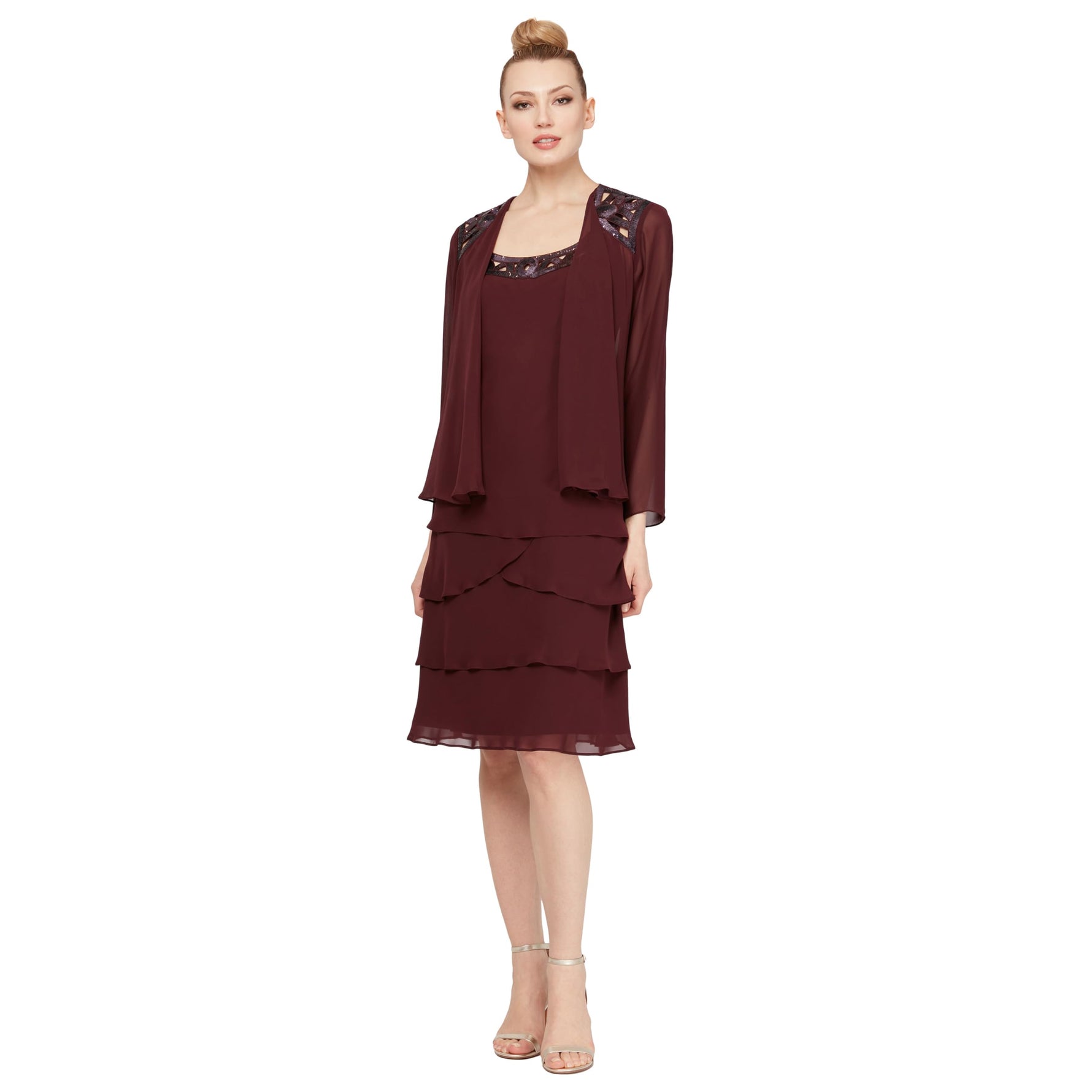 S.L. Fashions Women's Petite Mother of The Bride Jacket Dress with Sequined Cut Out Shoulder, Fig Cutout, 12