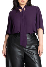 ELOQUII Women's Plus Size Bow Blouse with Flutter Sleeve - 20, Deep Purple