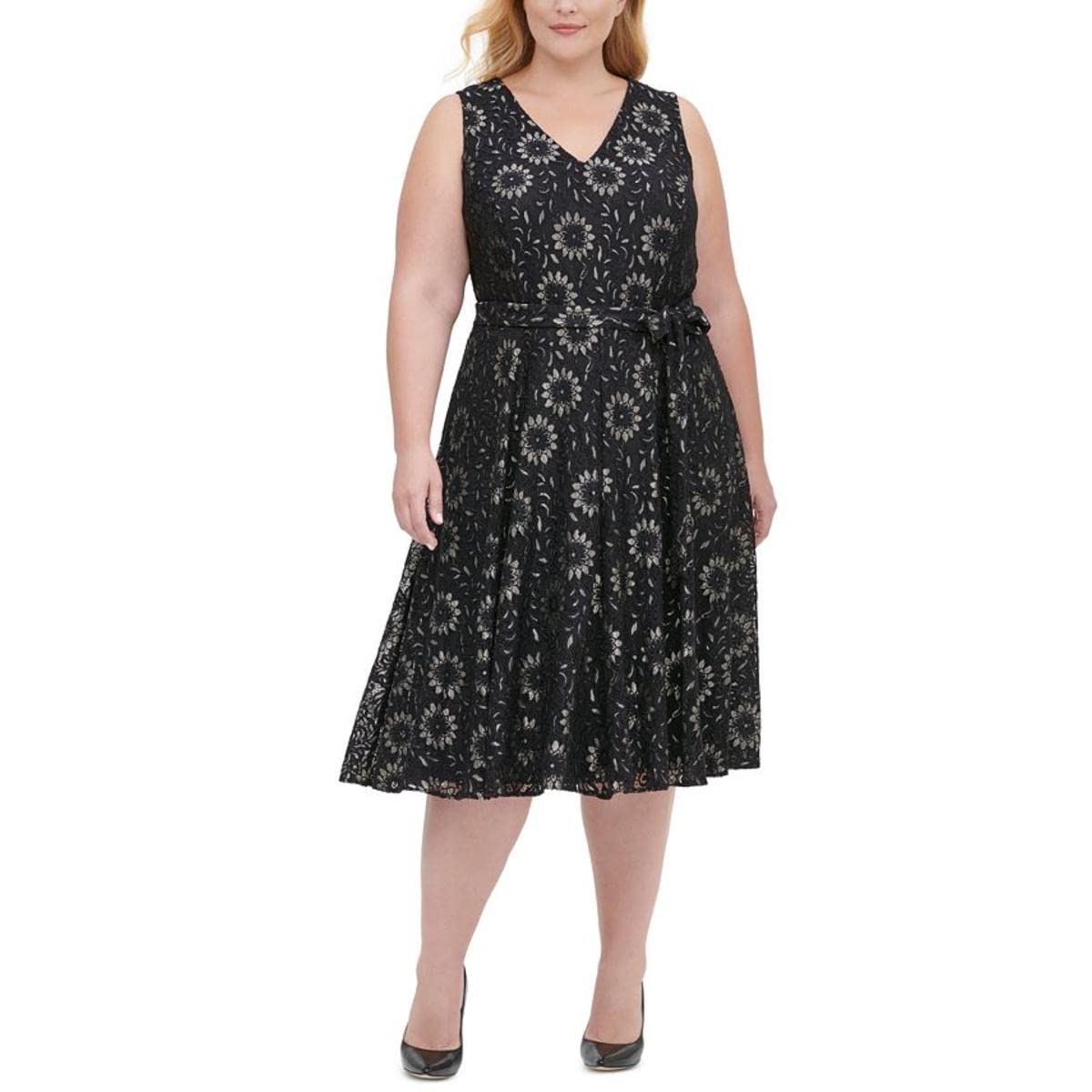 Tommy Hilfiger Womens Plus V Neck Lace Midi Dress Black 14W