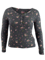 Ultra Flirt Junior Womens Floral Print Waffle Texture Henley Top Black Floral Size Large